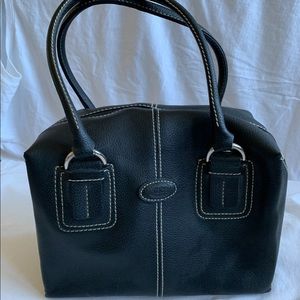 Black purse with white topstitching